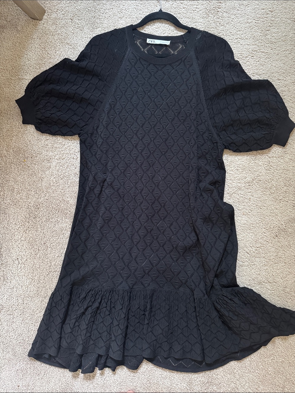 Zara Black Diamond-Texture Puff-Sleeve Mini Dress